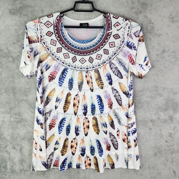 Women's Jostar Feather Print Short Sleeve Top Shirt Short Sleeve Round Neck XL - Picture 2 of 11